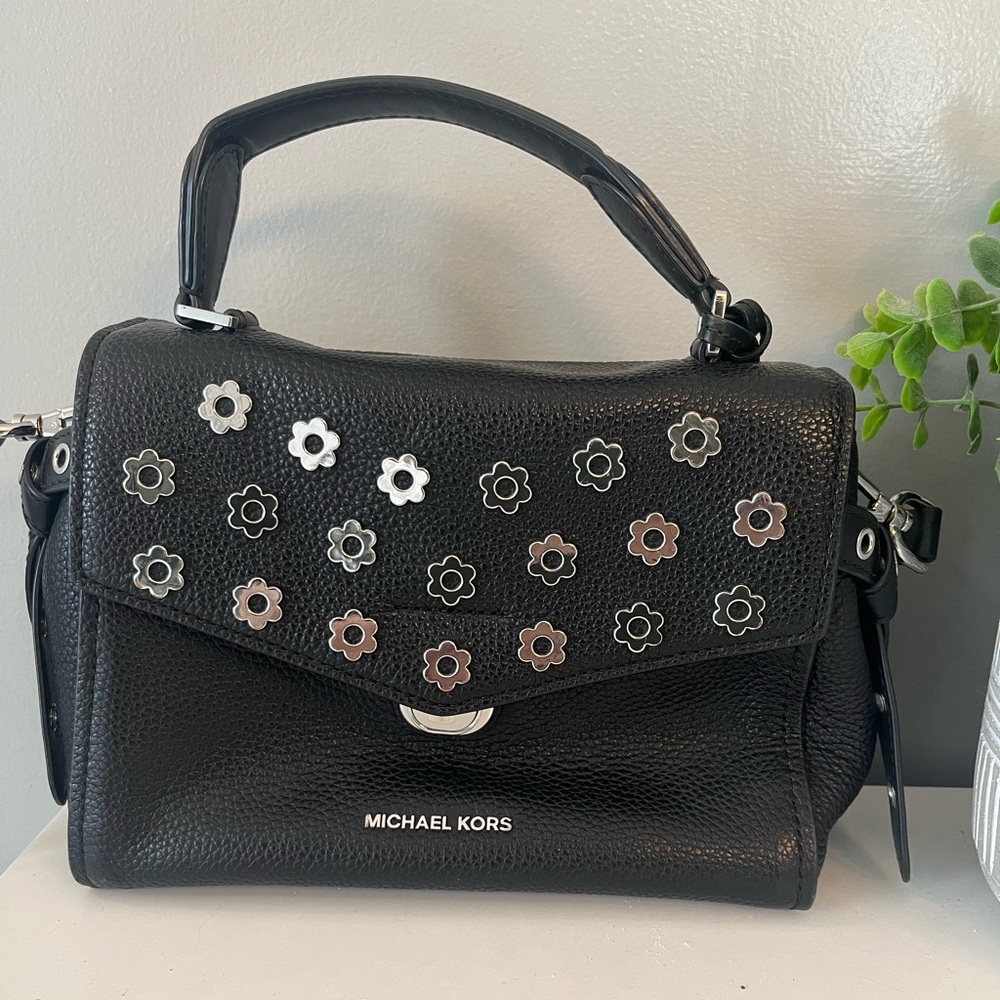 Michael Kors Black Leather Satchel with Silver Floral Accents Authentic